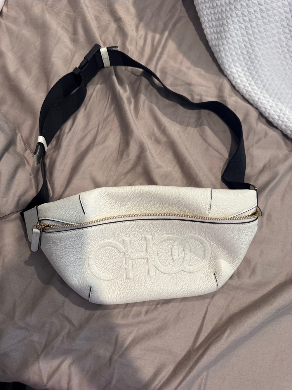 Jimmy Choo White Leather Logo Belt Bag with Black Strap